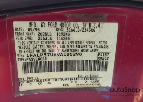 1997 Ford Taurus Gl из США, поврежденный, VIN 1FALP57U8VA125298